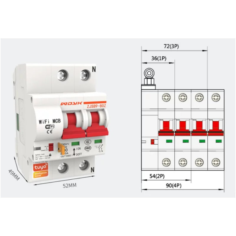 Smart WIFI TUYA Circuit Breaker, 1P/2P/3P/4P 16A-125A