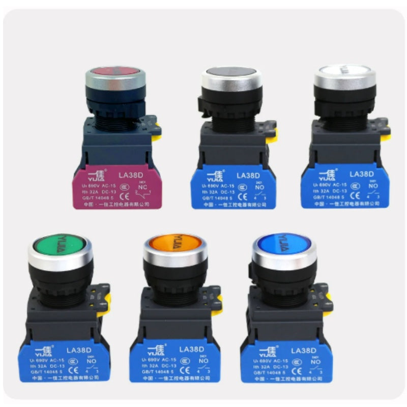 LA38D High-Current Button, 32A Push Button, 22mm Industrial Switch, NO/NC Contact Button, Silver Alloy Contact, Momentary/Latching Switch, Heavy-Duty Control Button, Flame-Retardant Push Button, Aluminum Cap Switch, Power Circuit Button, Motor Control Switch, Yijia LA38D-11BN