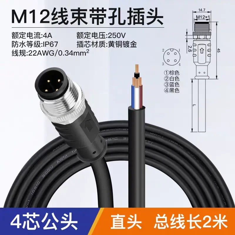 m12 connector cable with 4pin male straight head,m12 sensor cable for wire 22AWG/0.34mm,m12 aviation connector,m12 extension cord with PVC, PVC‑Shielded, PUR, PUR‑Shielded wire