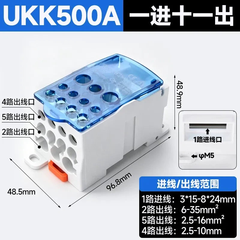 UKK distribution terminal block,500A blue high current terminal block,single pole one in 6 out wire splitter,690V power distribution block