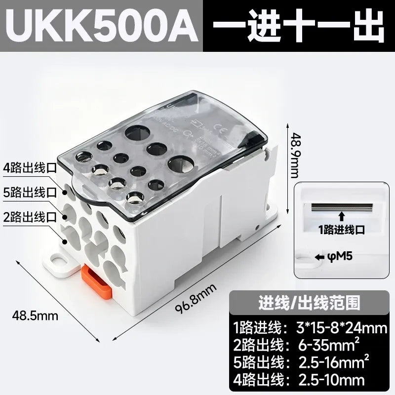 UKK distribution terminal block,500A black high current terminal block,single pole one in 6 out wire splitter,690V power distribution block