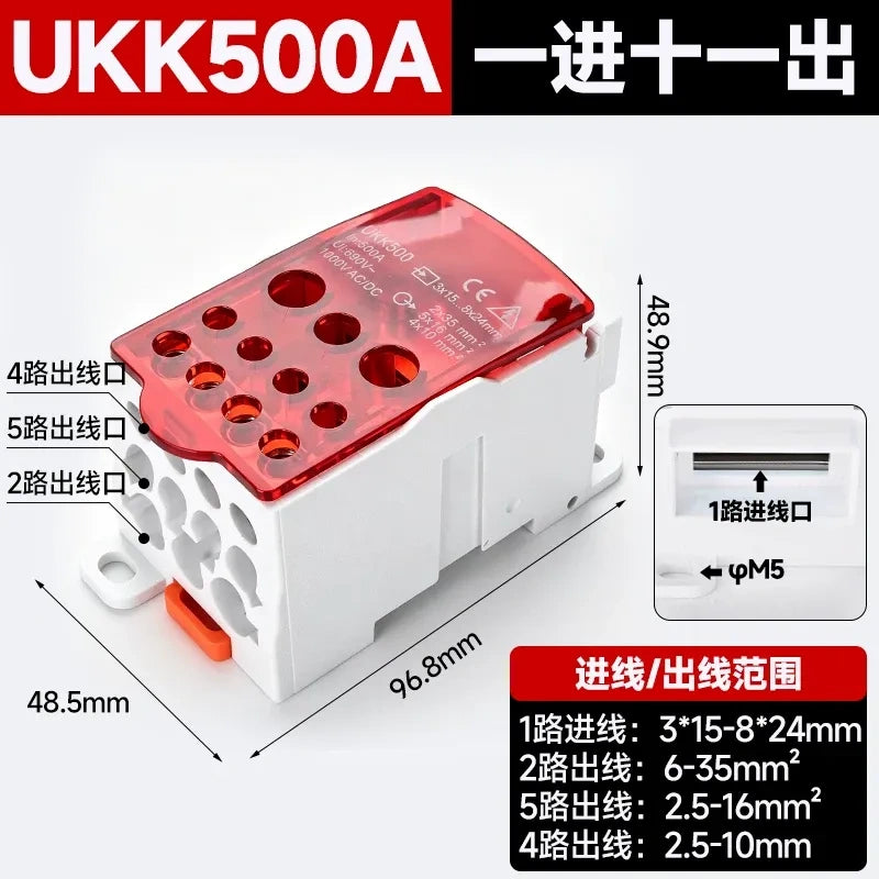 UKK distribution terminal block,500A red high current terminal block,single pole one in 6 out wire splitter,690V power distribution block
