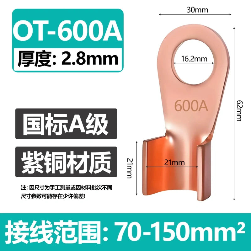 OT-600A copper lug,open barrel cable terminal,600A red copper wire lug,battery cable connector,round hole terminal lug with wiring range:70-150mm