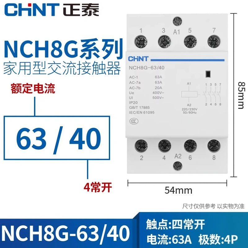 CHNT NCH8 NCH8G-63/40 4NO 2P63A Modular Contactor , Household lighting Contactor