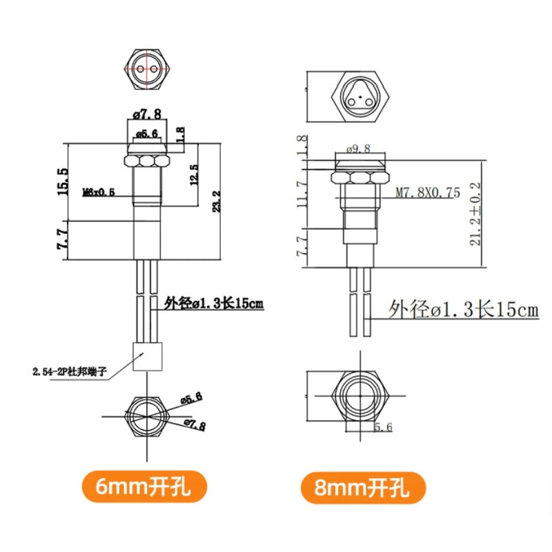 led metal indicator light, 6mm led indicator, 8mm waterproof light,  ip65 metal indicator, 12-24v led light, 220v signal indicator, flat head led light, ball head metal indicator, dual color led light, tri-color signal light, pre-wired led indicator, 40000 hour led light