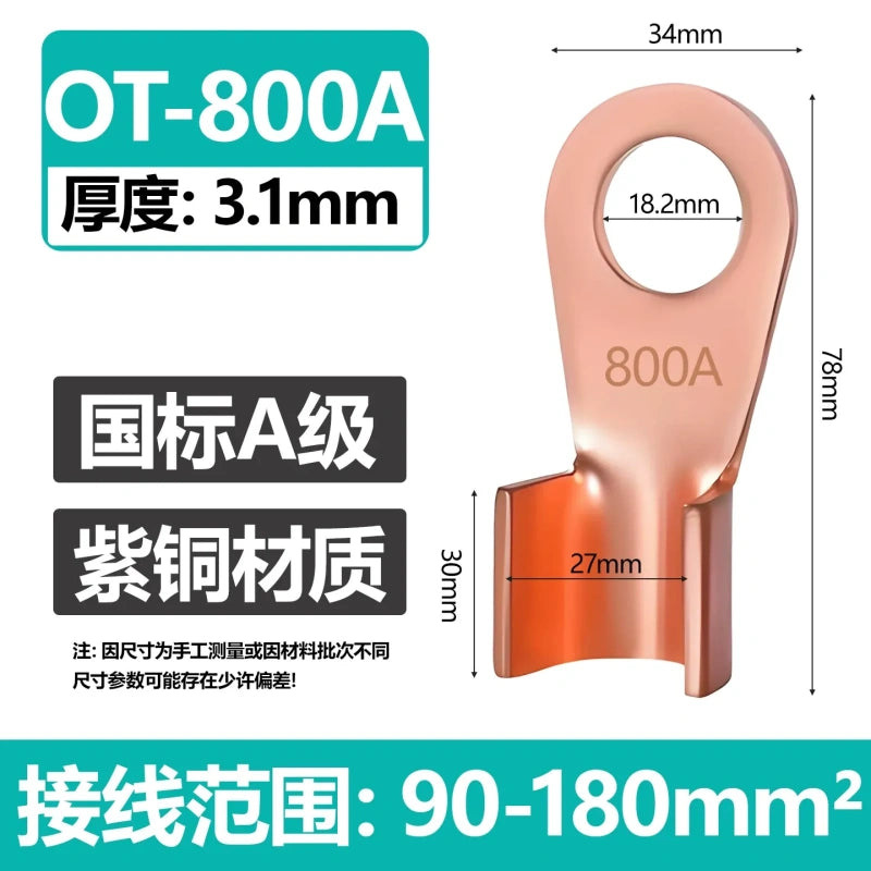 OT-800A copper lug,open barrel cable terminal,800A red copper wire lug,battery cable connector,round hole terminal lug with wiring range:90-180mm