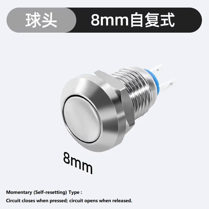 Metal Push Button Switch, 8mm, Nickel-Plated Copper, Waterproof Dustproof, Latching/Momentary, Solder/Plug-in Terminal, 12/24V DC, 110/220V AC