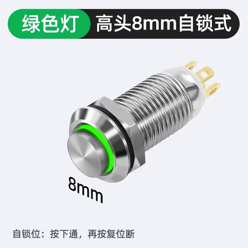 Metal Push Button Switch, 8mm, Nickel-Plated Copper, Waterproof Dustproof, Latching/Momentary, Solder/Plug-in Terminal, 12/24V DC, 110/220V AC