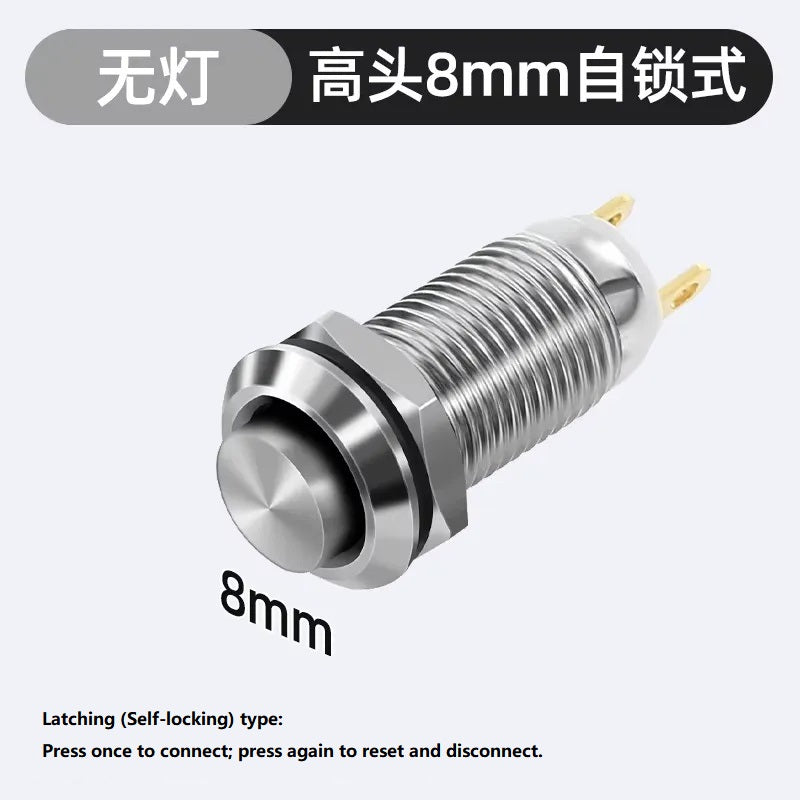 Metal Push Button Switch, 8mm, Nickel-Plated Copper, Waterproof Dustproof, Latching/Momentary, Solder/Plug-in Terminal, 12/24V DC, 110/220V AC