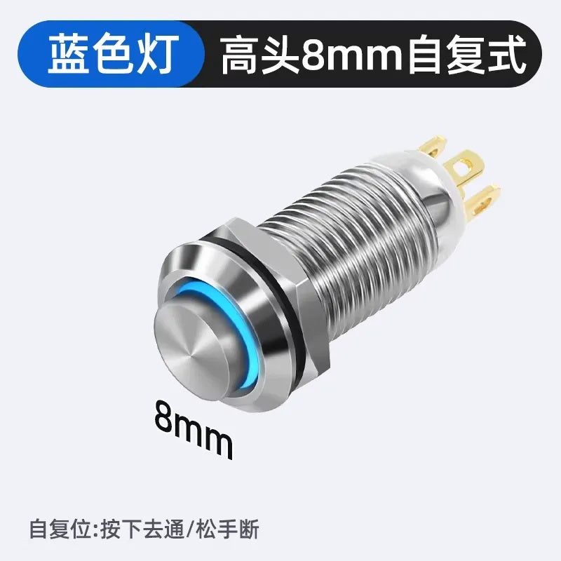 Metal Push Button Switch, 8mm, Nickel-Plated Copper, Waterproof Dustproof, Latching/Momentary, Solder/Plug-in Terminal, 12/24V DC, 110/220V AC