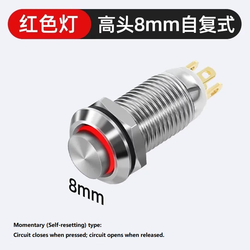 Metal Push Button Switch, 8mm, Nickel-Plated Copper, Waterproof Dustproof, Latching/Momentary, Solder/Plug-in Terminal, 12/24V DC, 110/220V AC