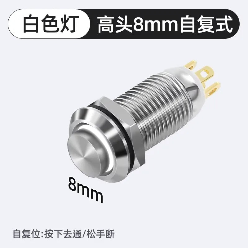 Metal Push Button Switch, 8mm, Nickel-Plated Copper, Waterproof Dustproof, Latching/Momentary, Solder/Plug-in Terminal, 12/24V DC, 110/220V AC