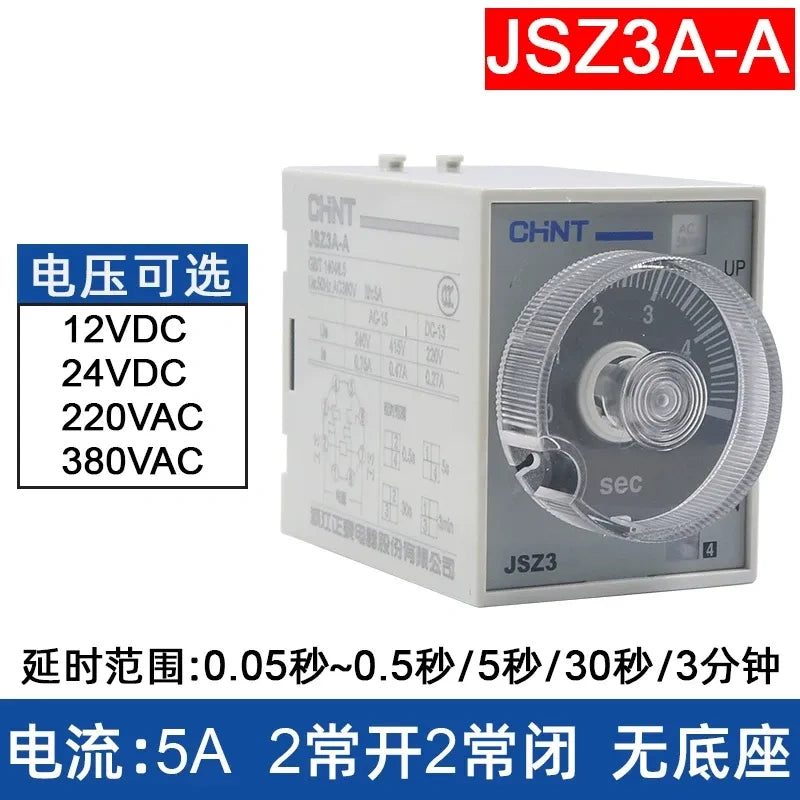 chint jsz3a-a time relay,on delay timer relay dc24v ac220v,Delay Range: 0.05s~0.5s / 5s / 30s / 3min
Rated Current: 5A | 2NO + 2NC Contacts | 