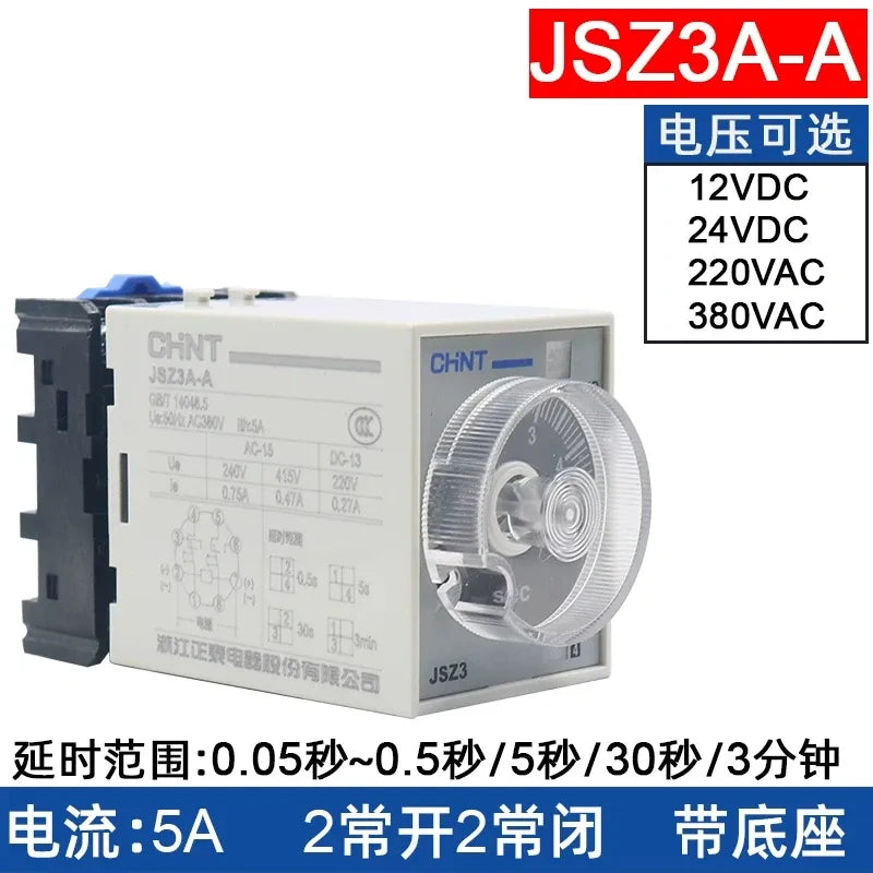 chint jsz3a-a time relay,on delay timer relay dc24v ac220v,Delay Range: 0.05s~0.5s / 5s / 30s / 3min
Rated Current: 5A | 2NO + 2NC Contacts | Comes with Matching Socket Base