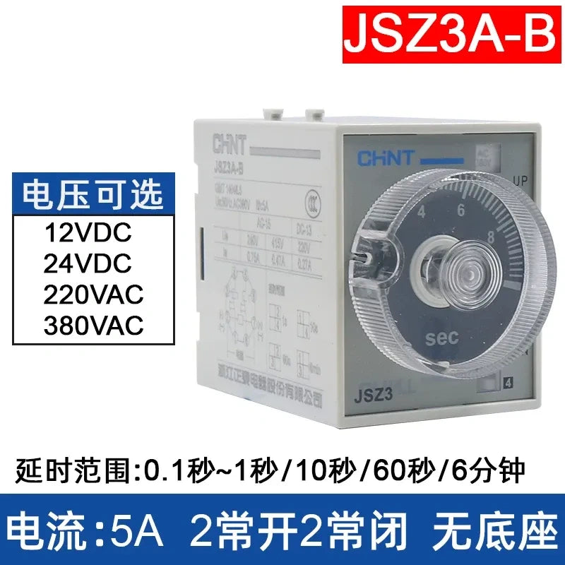 chint jsz3a-b time relay,on delay timer relay dc24v ac220v,Delay Range: 0.1s~0.1s / 10s / 60s / 6min
Rated Current: 5A | 2NO + 2NC Contacts 