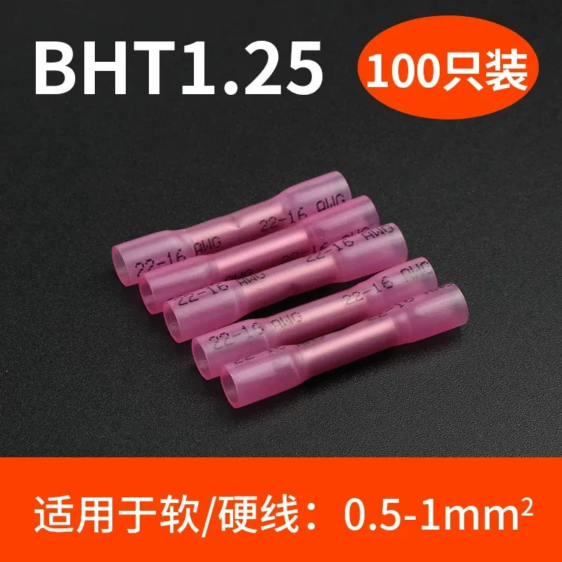 0.5-1mm heat shrink butt connector, waterproof wire splice terminal, BHT1.25 butt terminal 100pcs/lot,  AWG22-16 wire connector