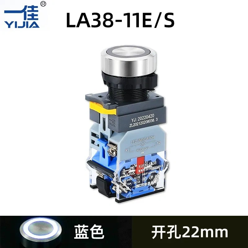 22mm Illuminated Push Button, BLUE Stainless Steel LED Button, LA38A-11E/S