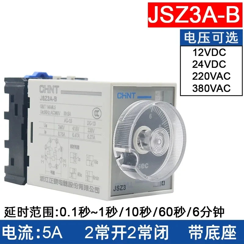 chint jsz3a-b time relay,on delay timer relay dc24v ac220v,Delay Range: 0.1s~0.1s / 10s / 60s / 6min
Rated Current: 5A | 2NO + 2NC Contacts | Comes with Matching Socket Base