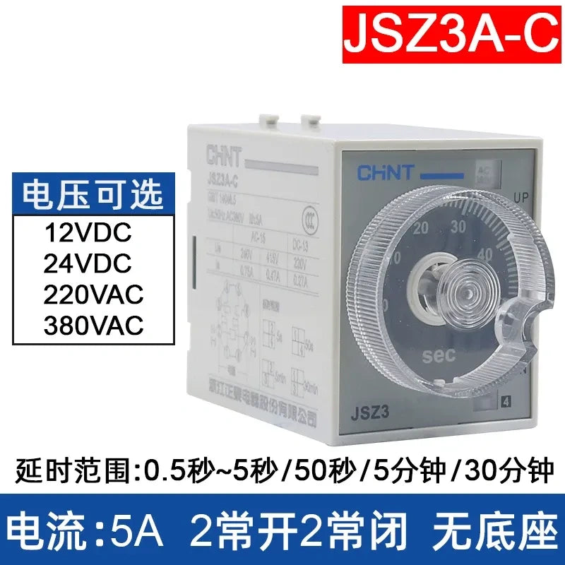 chint jsz3a-c time relay,on delay timer relay dc24v ac220v,Delay Range: 0.5s~5s / 50s /5min / 30min
Rated Current: 5A | 2NO + 2NC Contacts  