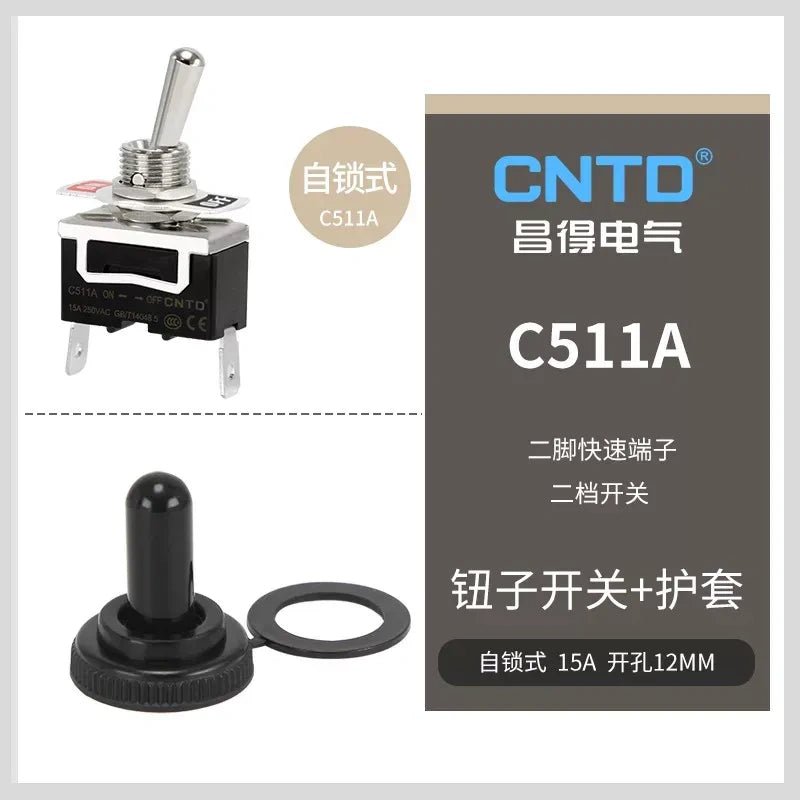 C511A SPST 2Pin 2Position Latching Toggle Switch with protective boots, 15A 250VAC 12mm Panel Mount toggle switch with quick pin terminal 