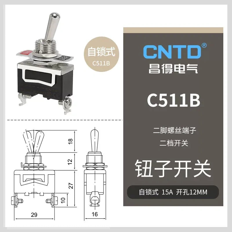 C511B SPST 2Pin 2Position Latching Toggle Switch without protective boots, 15A 250VAC 12mm Panel Mount toggle switch with SCERW terminal 