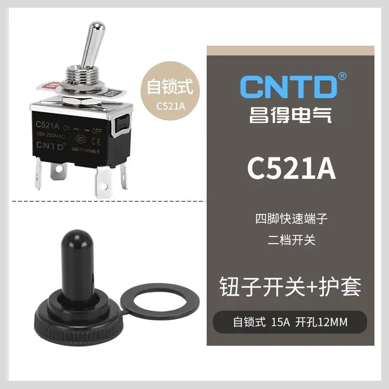 C521A DPST 4Pin 2Position Latching Toggle Switch with protective boots, 15A 250VAC 12mm Panel Mount toggle switch with quick pin terminal 
