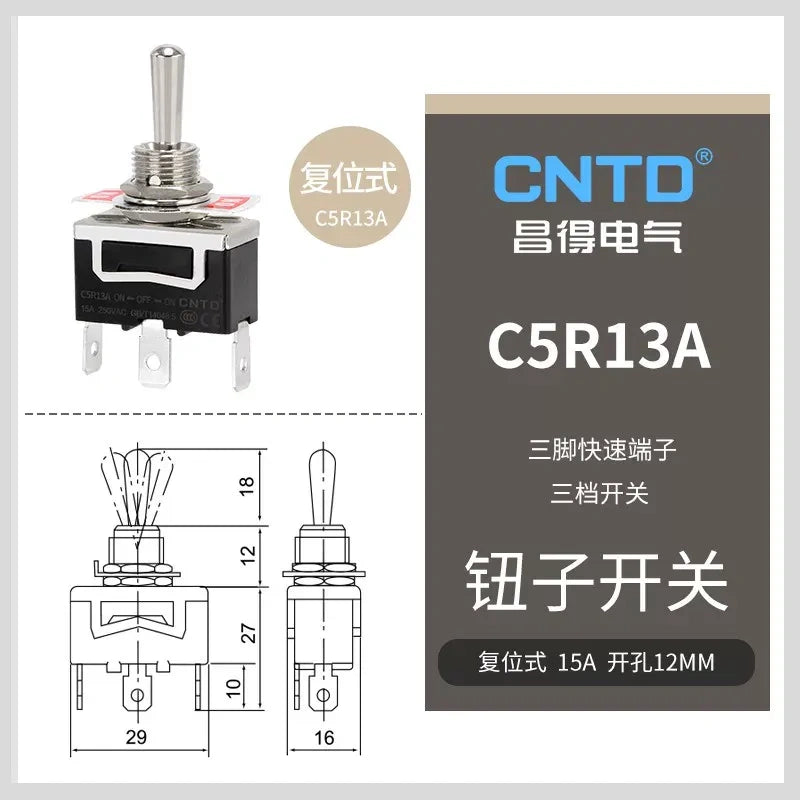 C5R13A SPDT 3Pin 3Position Momentary Toggle Switch , 15A 250VAC 12mm Panel Mount toggle switch with quick terminal 