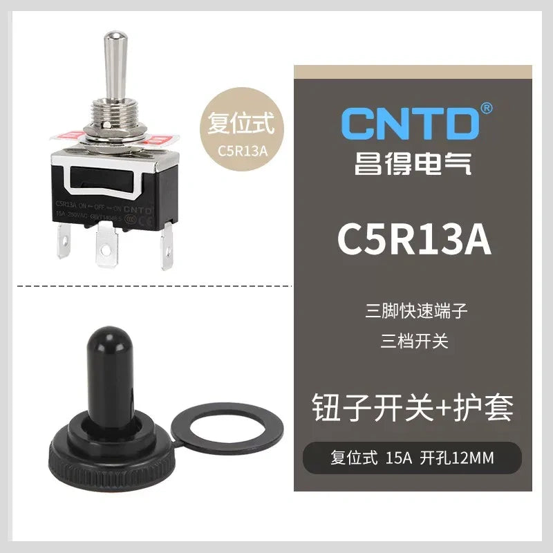 C5R13A SPDT 3Pin 3Position ON-OFF-ON Momentary Toggle Switch with protective boots, 15A 250VAC 12mm Panel Mount toggle switch with quick terminal 
