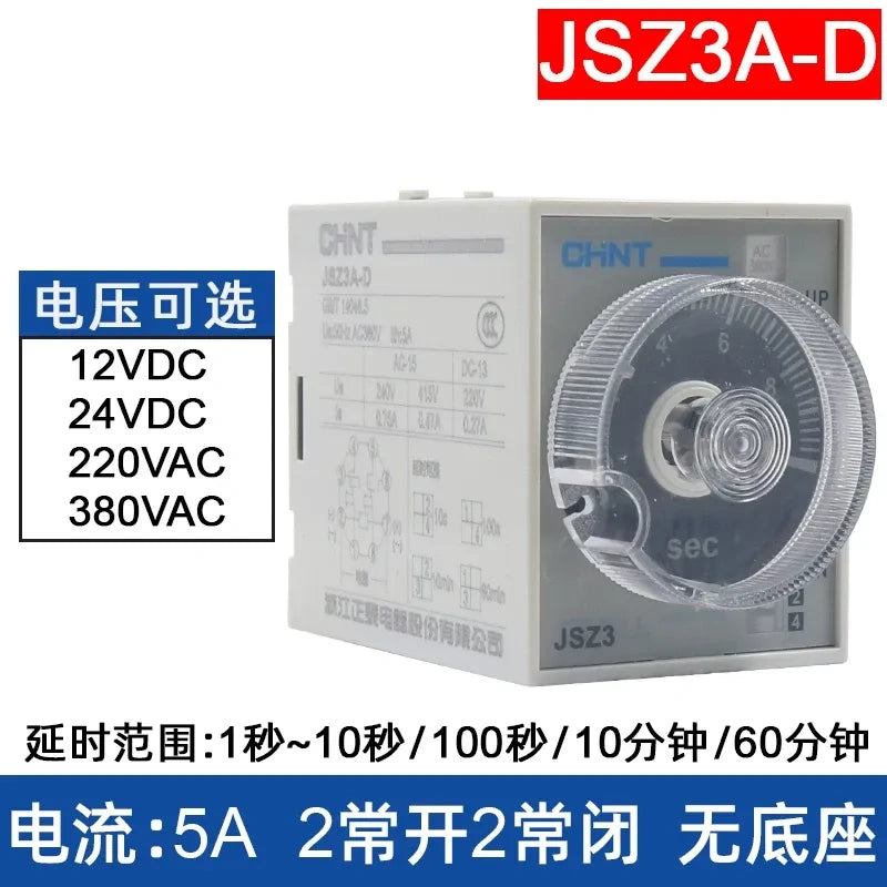 chint jsz3a-d time relay,on delay timer relay dc24v ac220v,Delay Range: 1s~10s /100s /10min / 60min
Rated Current: 5A | 2NO + 2NC Contacts 