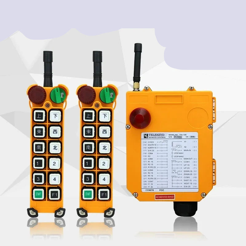 F24-12D remote control, one touch dual speed industrial remote, 380v VFD hoist radio controller, overhead gantry crane remote, 2 Transmitter + 1 Receiver industrial wireless remote with emergency stop, 