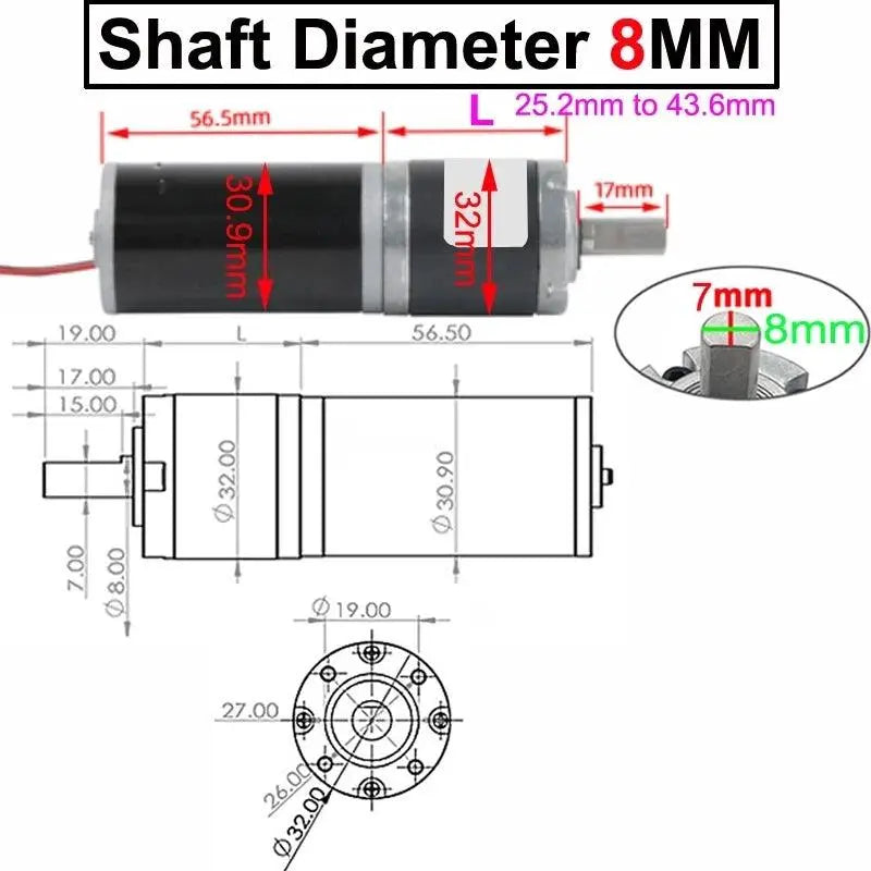 DC Planetary Gear Motor 24V 12V Low Speed Small Motor Diameter 32MM Adjustable Speed And Reversible Shaft Diameter 6MM Or 8MM - electrical center b2c