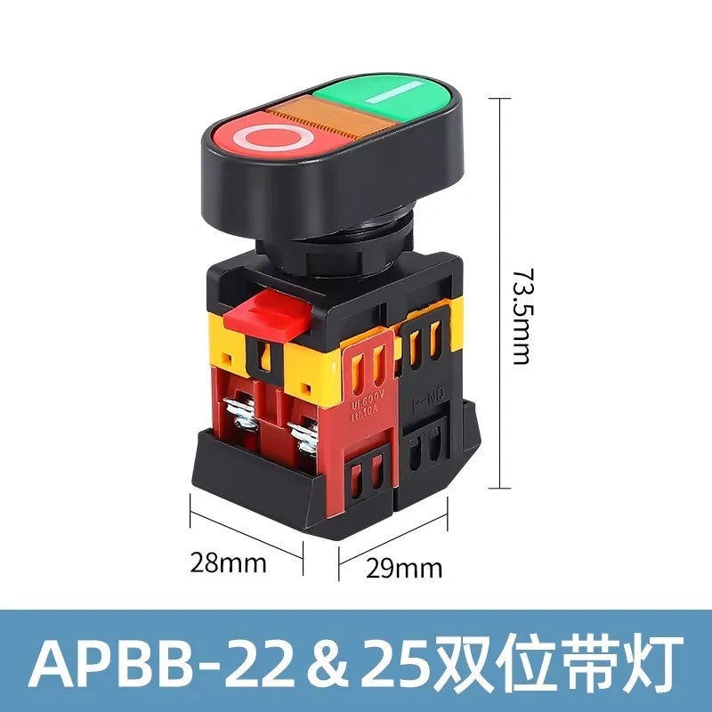 Dual Push Button Switch, LED Push Button, Momentary Switch, 10A Start Stop Switch, 22mm Push Button, 25mm Push Button, 30mm Push Button, Industrial Control Switch, Self-Reset Switch, 1NO 1NC Switch, APBB-22, AS-22, PPBB-30N