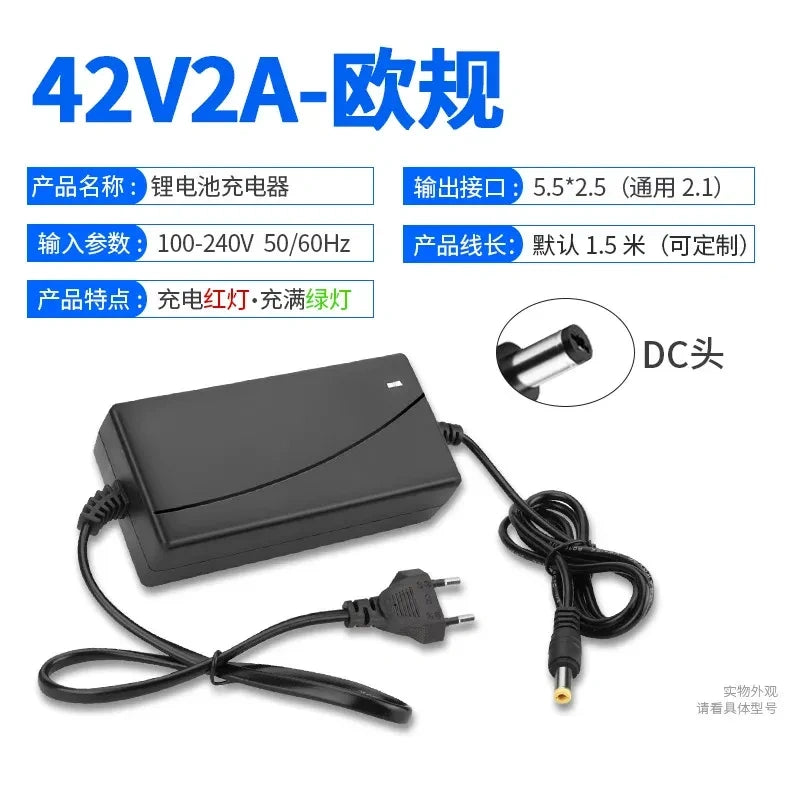 42V 2A charger, DC5.5mm charger, EU plug balance scooter charger, overcharge protection charger, LED indicator scooter charger