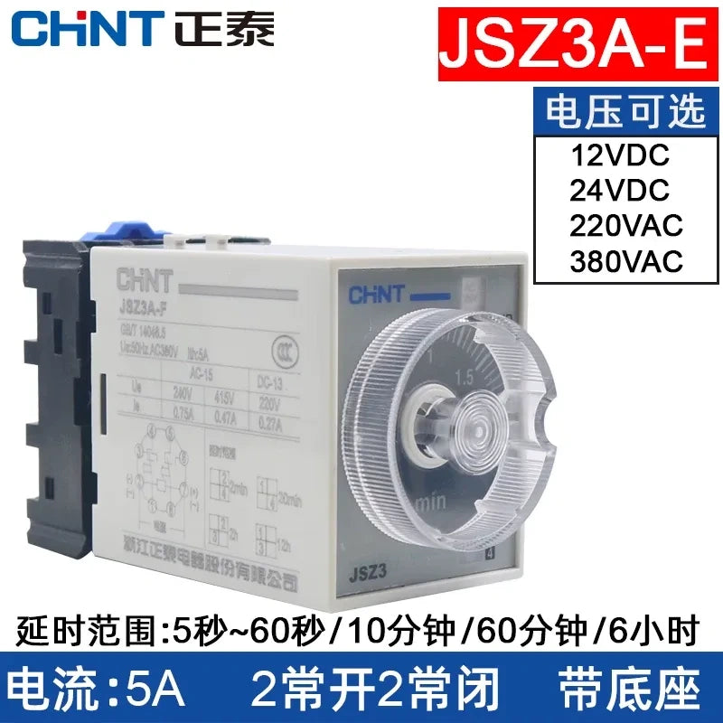 chint jsz3a-e time relay,on delay timer relay dc24v ac220v,Delay Range: 5s~60s /10min /60min / 6hour
Rated Current: 5A | 2NO + 2NC Contacts | Comes with Matching Socket Base