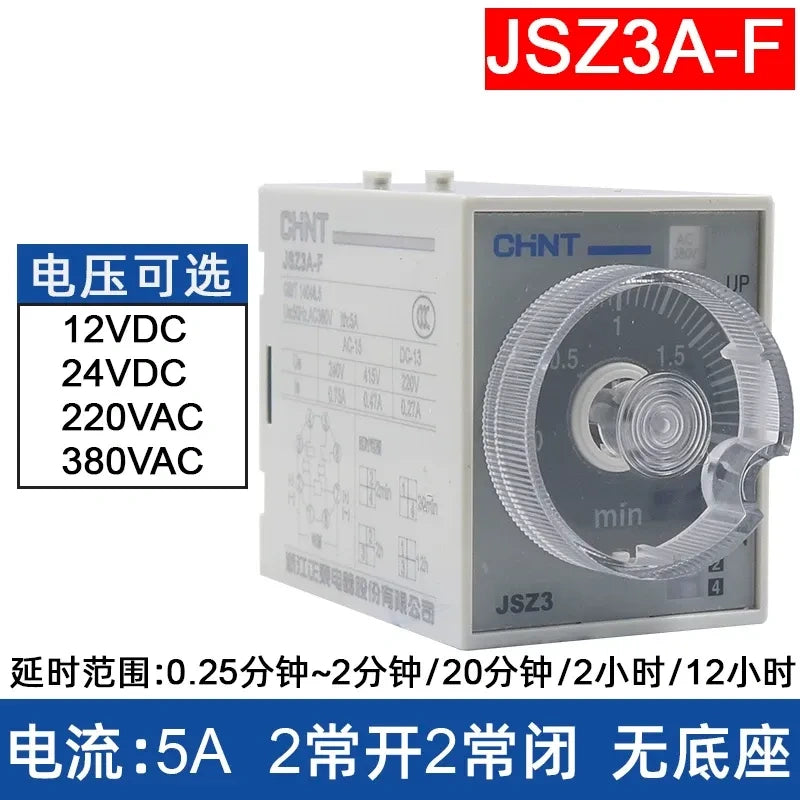 chint jsz3a-f time relay,on delay timer relay dc24v ac220v,Delay Range: 0.25min~2min /20min /2hour / 12hour
Rated Current: 5A | 2NO + 2NC Contacts  