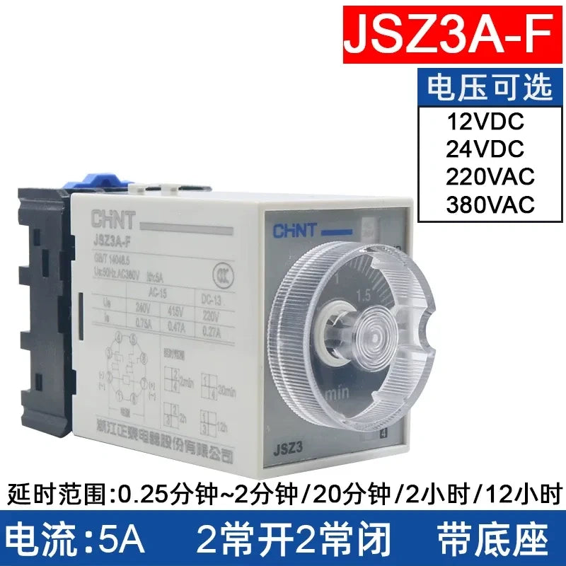 chint jsz3a-f time relay,on delay timer relay dc24v ac220v,Delay Range: 0.25min~2min /20min /2hour / 12hour
Rated Current: 5A | 2NO + 2NC Contacts | Comes with Matching Socket Base