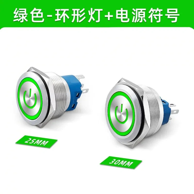 30mm Metal Push Button Switch, Stainless Steel Round Waterproof Momentary & Latching Button, IP66, 5A, LED Ring/Power Symbol Light
