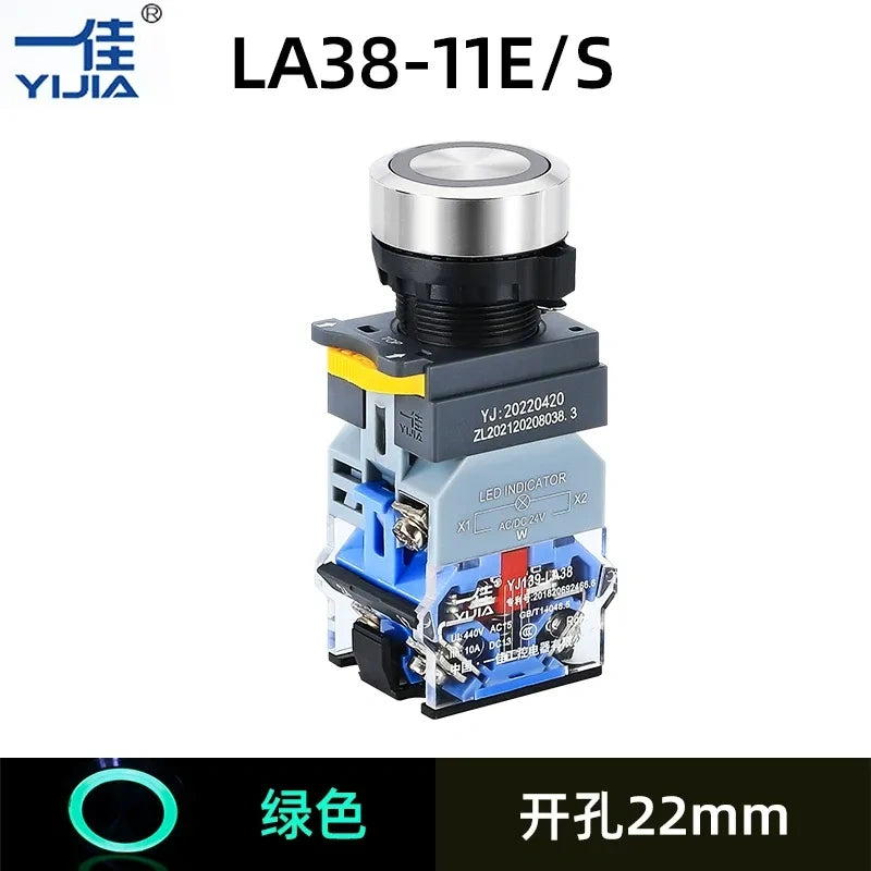 22mm GREEN Illuminated Push Button, Stainless Steel LED Button, LA38A-11E/S, LA38A-11EZ/S, 