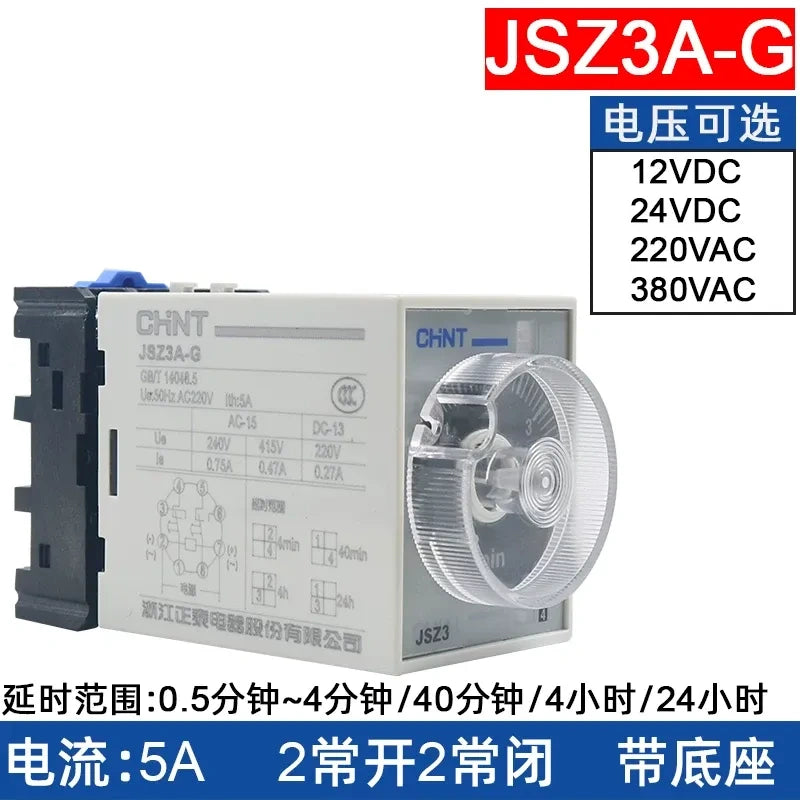 chint jsz3a-g time relay,on delay timer relay dc24v ac220v,Delay Range: 0.25min~4min /40min /4hour / 24hour
Rated Current: 5A | 2NO + 2NC Contacts | Comes with Matching Socket Base