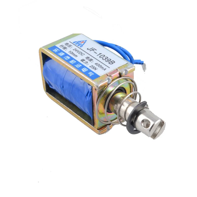 JF-1039 solenoid, JF-1039B electromagnet, 25N pull push solenoid, 10mm stroke solenoid, dc12v frame solenoid, dc24v linear electromagnet, spring reset solenoid, automation actuator solenoid, cabinet lock solenoid, push pull electromagnet
