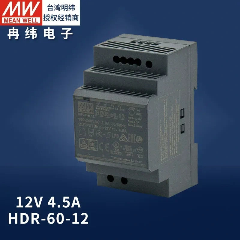 Mean Well original power supply, slim DIN rail power supply, PLC power supply hdr-60-12