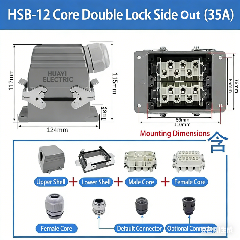Rectangular Heavy Duty Connector HSB-4/6/12 Pin 35A High Current Waterproof Aviation Plug & Socket