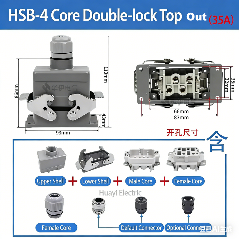 Rectangular Heavy Duty Connector HSB-4/6/12 Pin 35A High Current Waterproof Aviation Plug & Socket