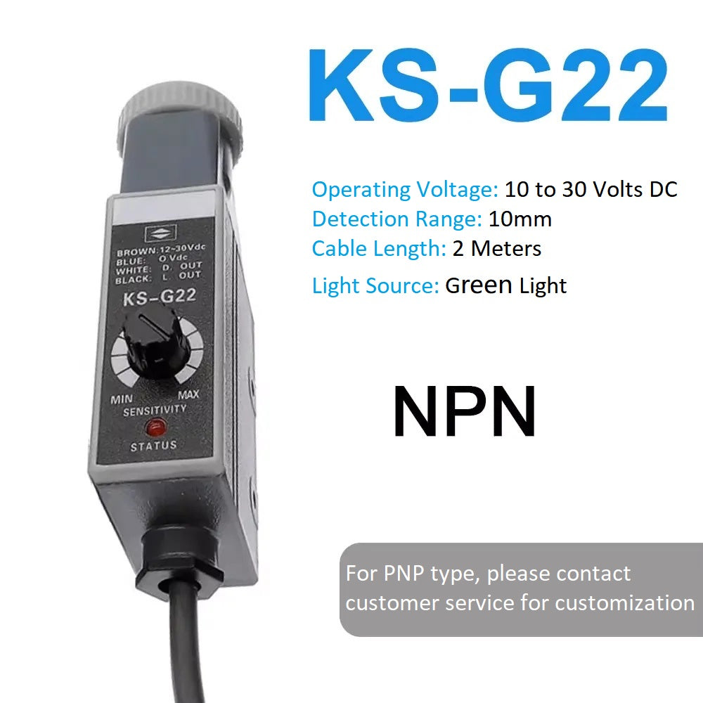 KS-W22/G22/R22/WG22/RG22/WR22 Photoelectric Switch Color Mark Sensor, Photoelectric Eye for Packaging Machine, 10-30VDC, 10mm Detection Distance