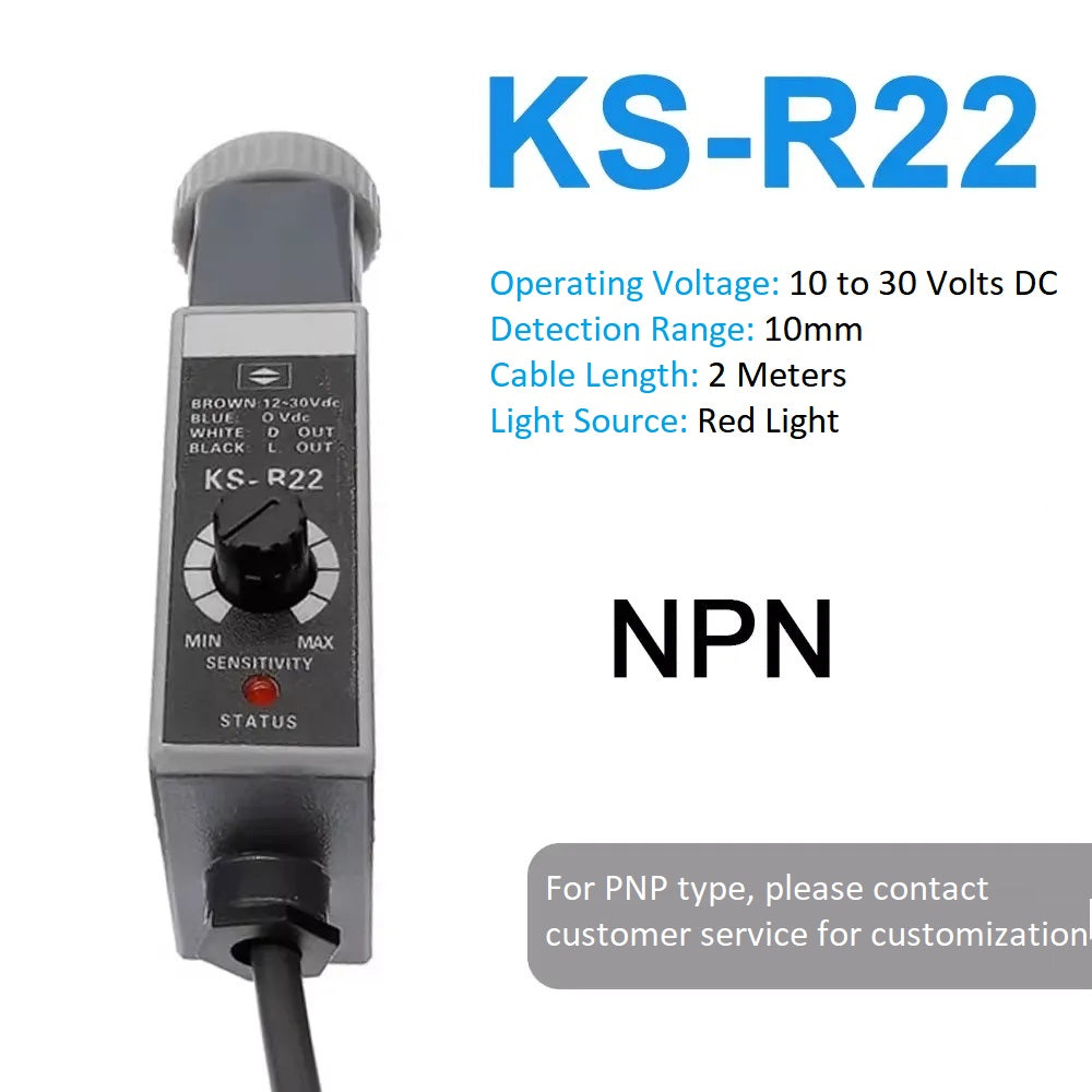 KS-W22/G22/R22/WG22/RG22/WR22 Photoelectric Switch Color Mark Sensor, Photoelectric Eye for Packaging Machine, 10-30VDC, 10mm Detection Distance