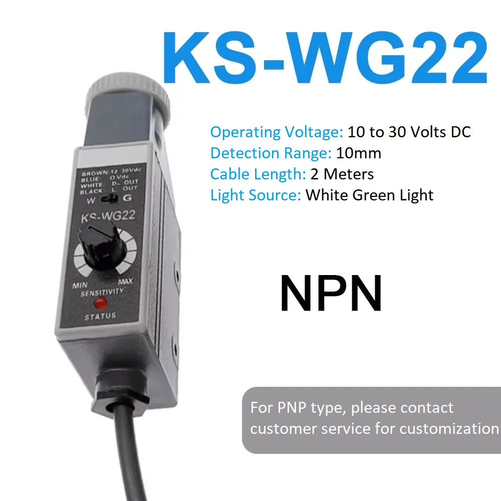 KS-W22/G22/R22/WG22/RG22/WR22 Photoelectric Switch Color Mark Sensor, Photoelectric Eye for Packaging Machine, 10-30VDC, 10mm Detection Distance