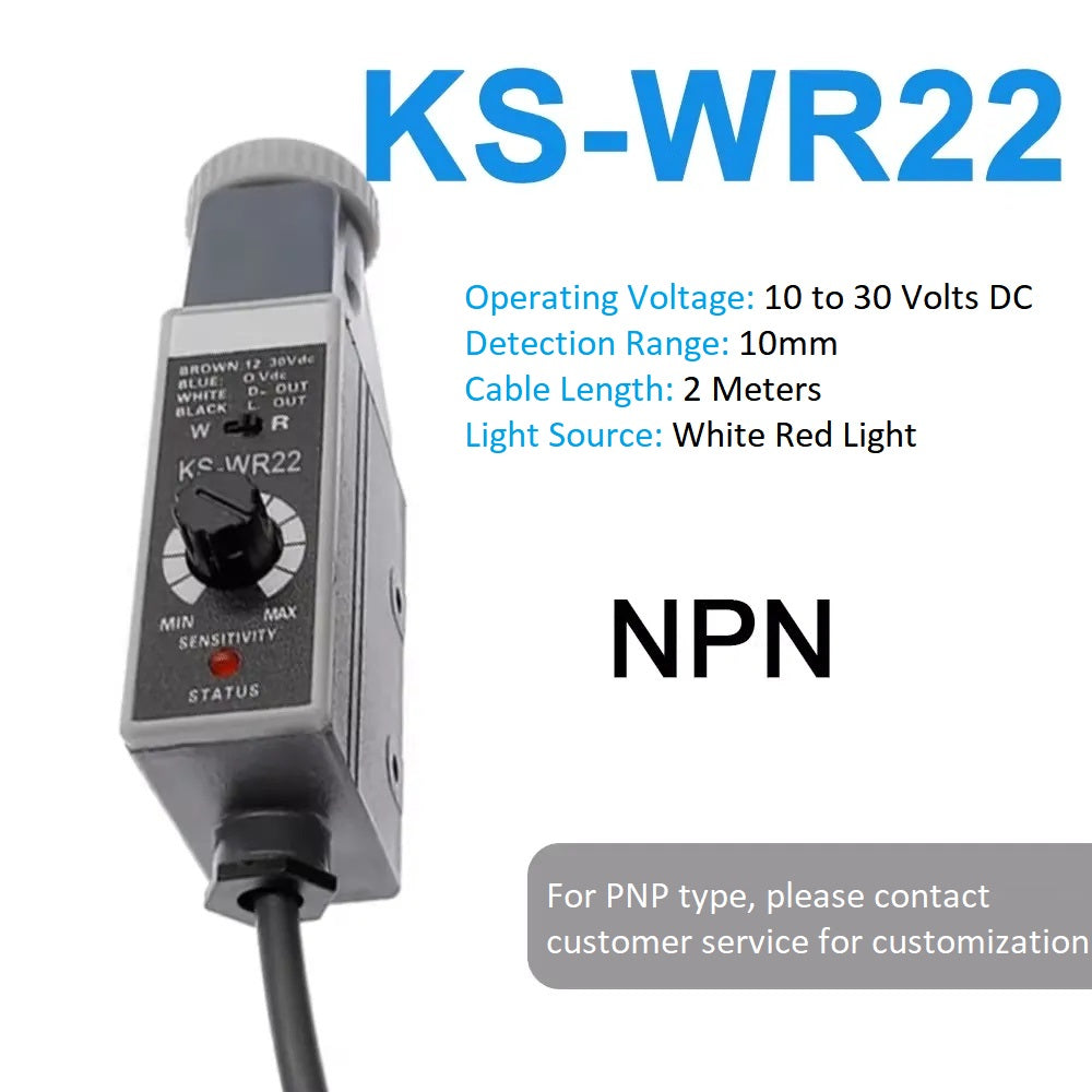 KS-W22/G22/R22/WG22/RG22/WR22 Photoelectric Switch Color Mark Sensor, Photoelectric Eye for Packaging Machine, 10-30VDC, 10mm Detection Distance