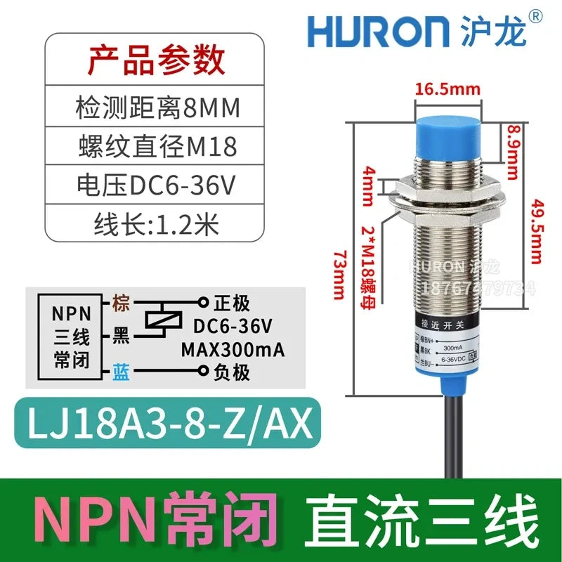inductive proximity sensor, M18 proximity switch, LJ18A3-8-Z/AX, DC 3-WIRE NPN NC non-flush mount proximity sensor, metal detection sensor sensing distance 8mm 