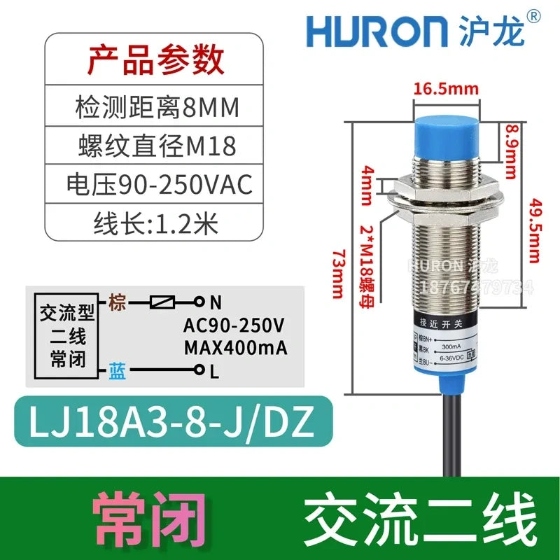 inductive proximity sensor, M18 proximity switch, LJ18A3-8-Z/AX, AC 2-WIRE NPN NC non-flush mount proximity sensor, metal detection sensor sensing distance 8mm 