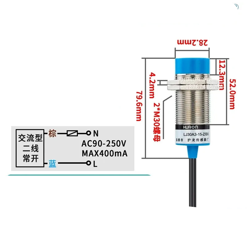 LJ30A3-15-J/EZ proximity sensor, M30 inductive switch with measuring distance 15mm proximity sensor, Non-flush-mount type proximity switch with cable length 1.2M, AC 2-Wire NO metal detector